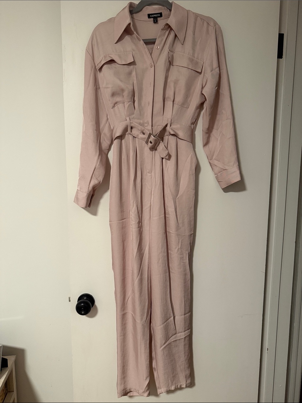 Express Blush Pink Long Sleeve Belted Jumpsuit